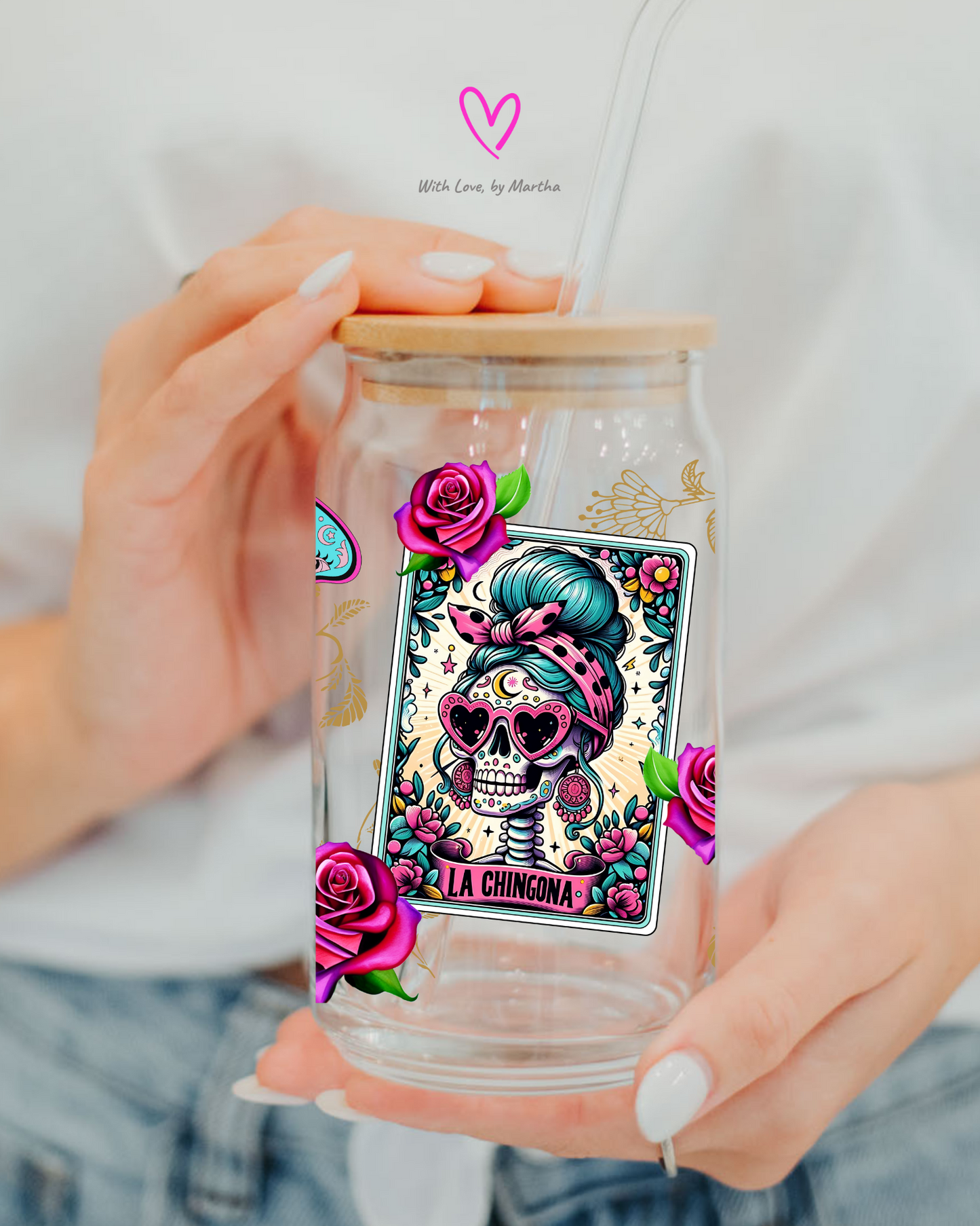 The Badass, La Chingona tarot cards glass cup