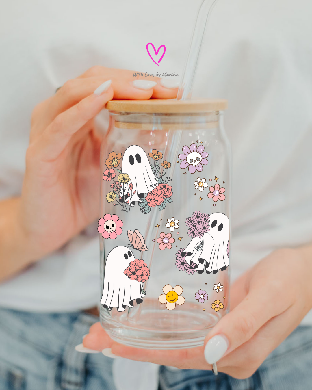 Halloween flower ghosts Glass Can 16oz