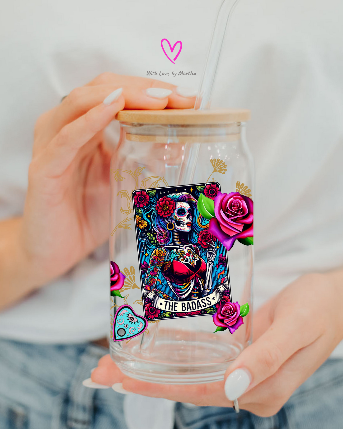 The Badass, La Chingona tarot cards glass cup