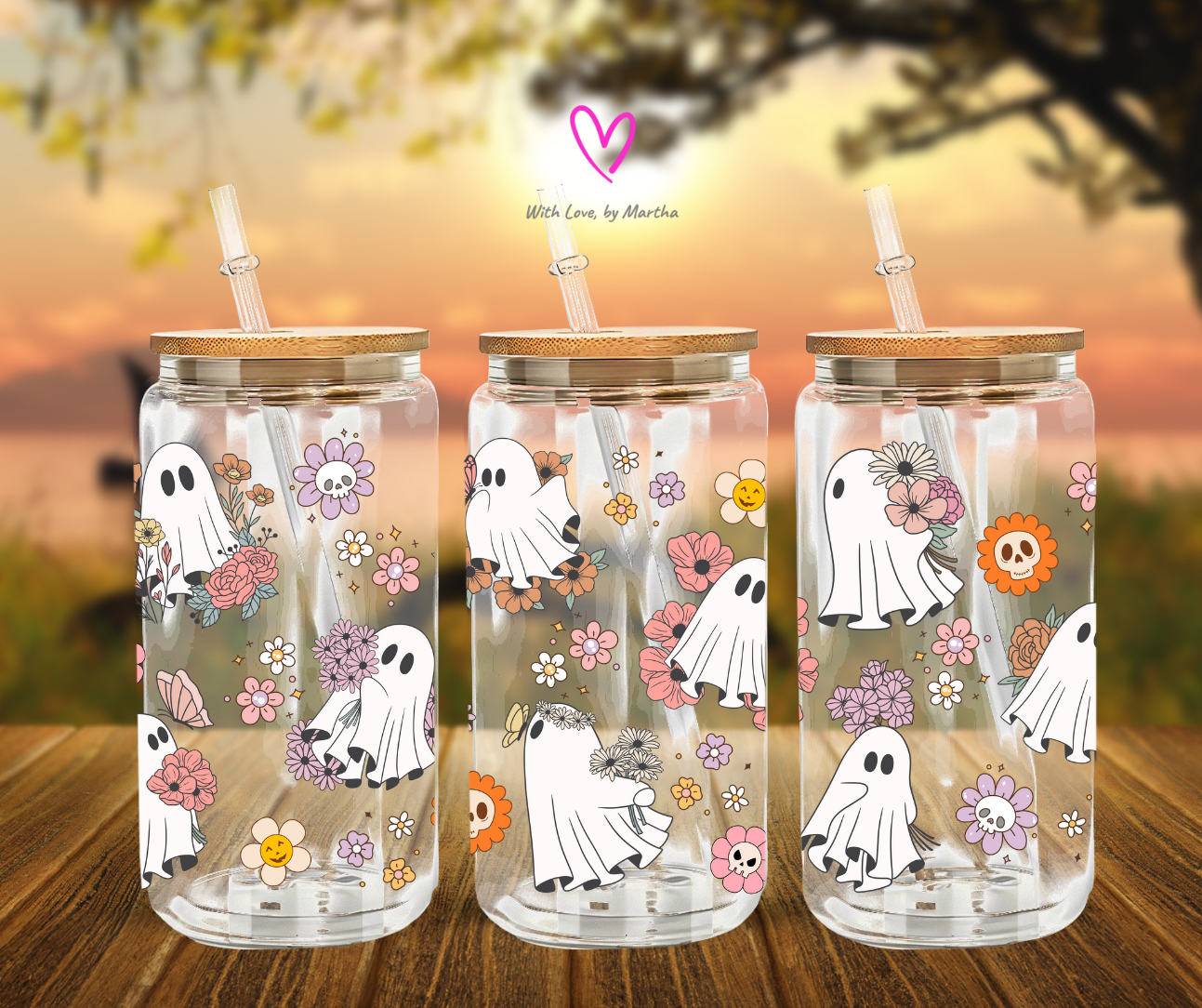 Halloween flower ghosts Glass Can 16oz