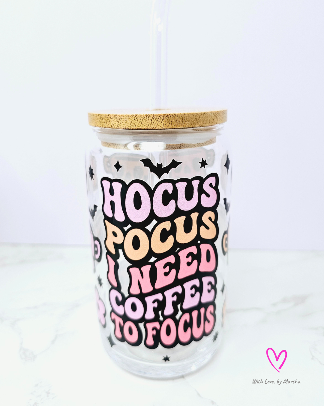 "Hocus Pocus, I need Coffee to Focus" Glass Can 16oz