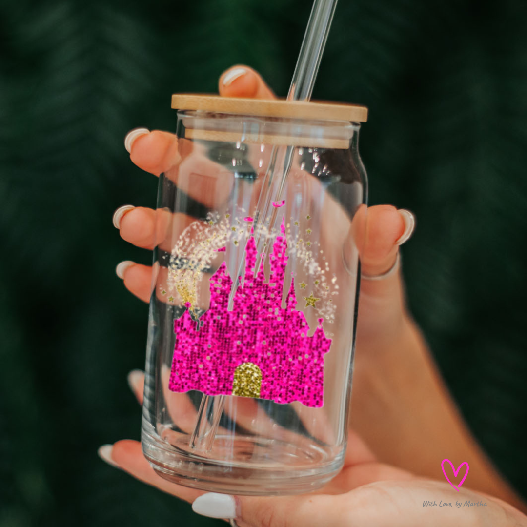 Glitter Pink castle Glass cup 16oz