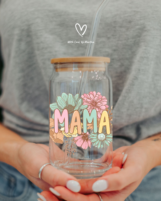 "MAMA" floral Glass cup 16oz