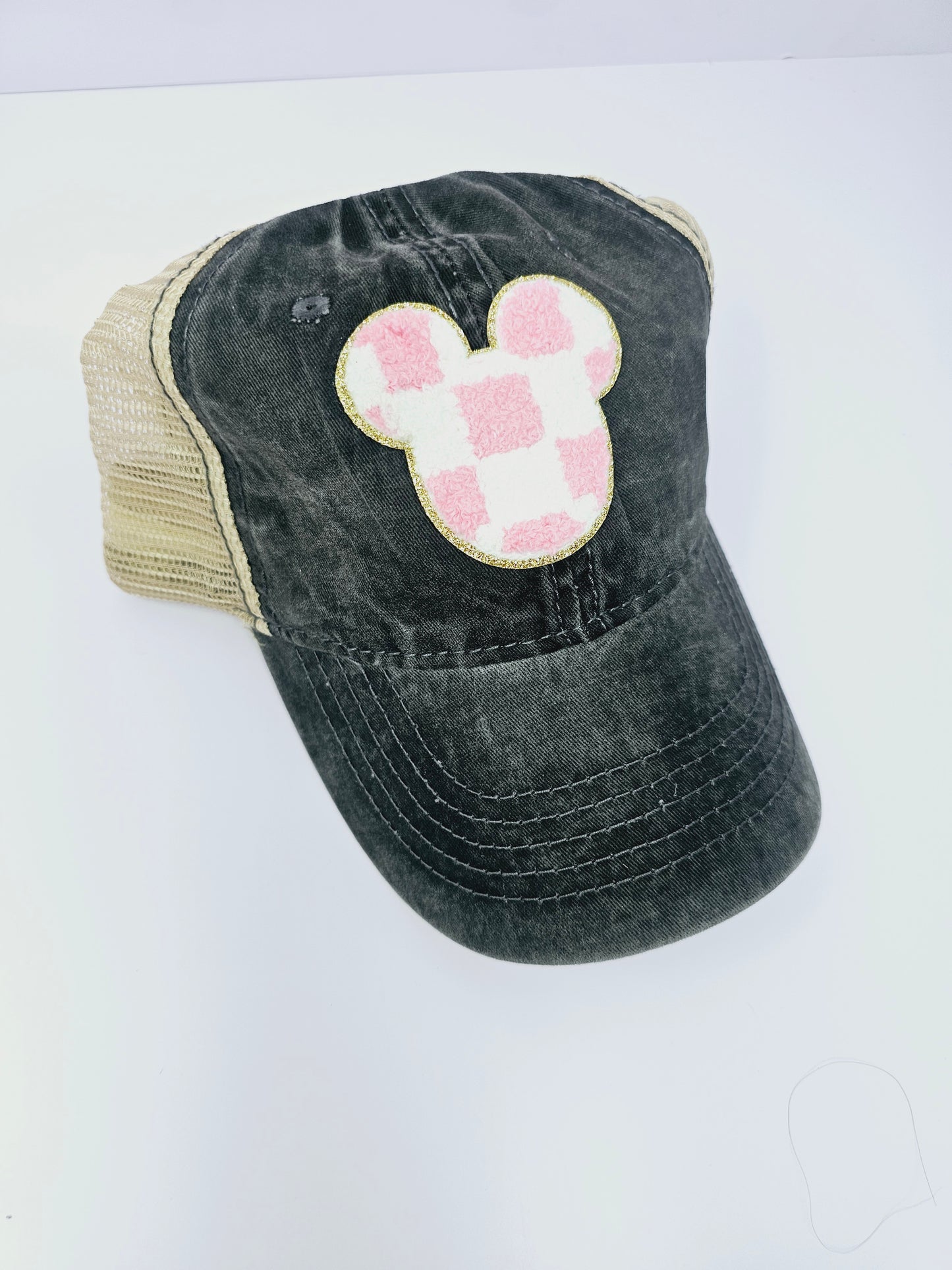 Pink Checkered Mouse Head Trucker Hat