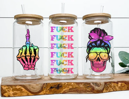 F**K middle finger rainbow Clear Glass Cup 16oz