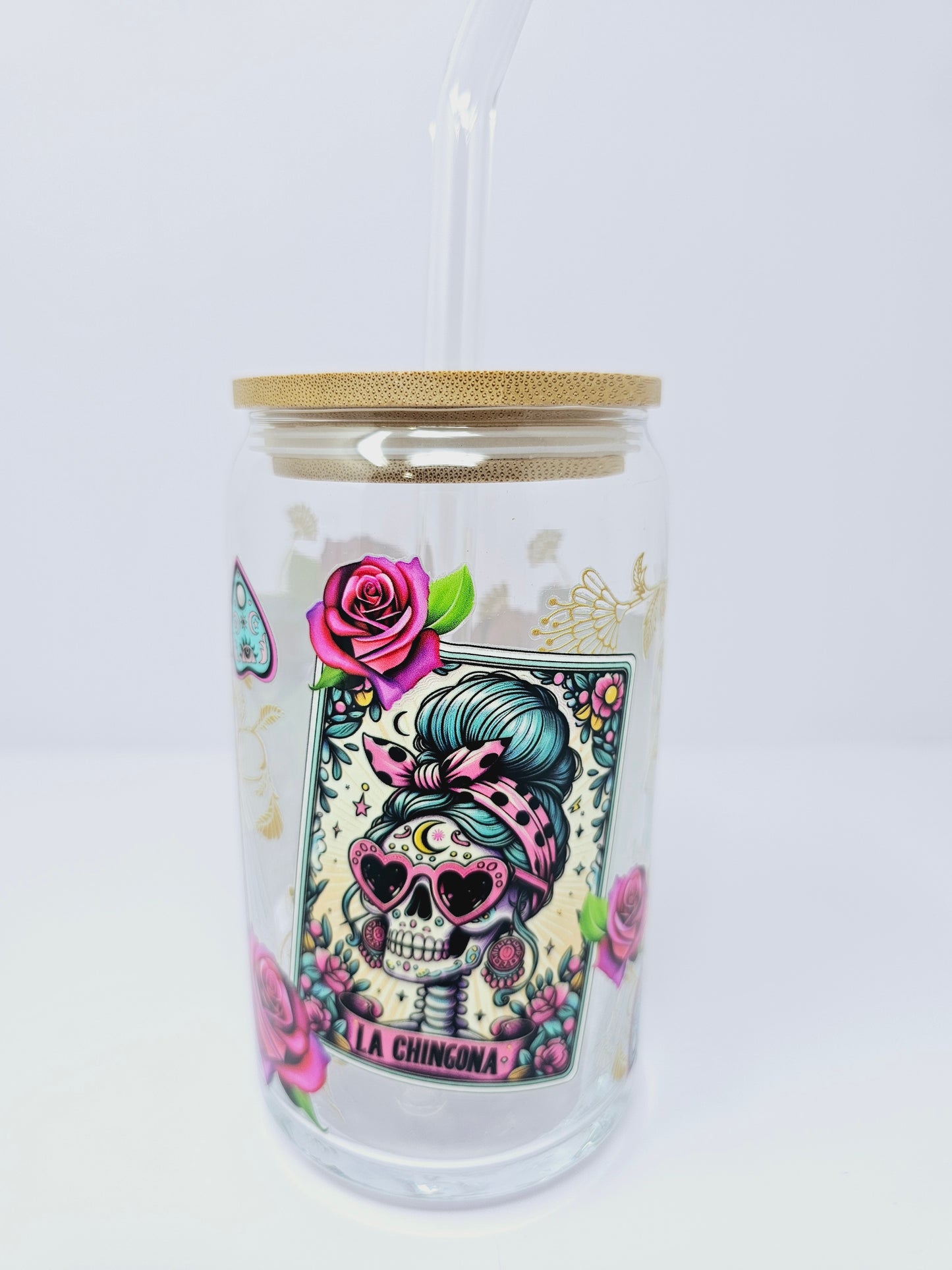 The Badass, La Chingona tarot cards glass cup