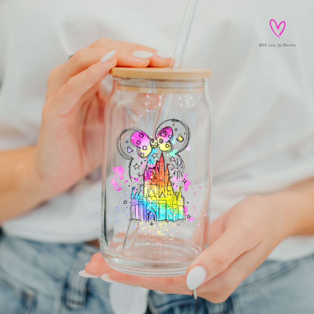 Watercolor magical castle glass cup